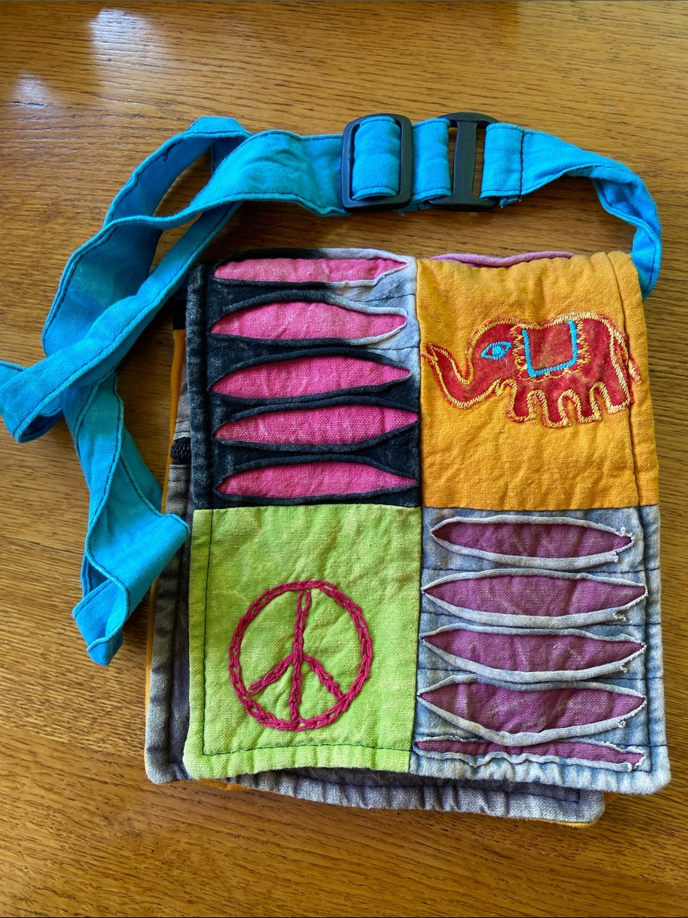 Nepali Patchwork Crossbody Bag with Elephant & Peace Sign - Teal Strap